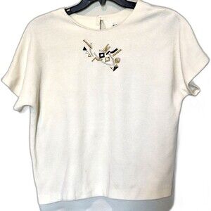 Vintage 80s Women’s Top Ivory Embroidered Boxy Short Sleeve Size XL  Made USA